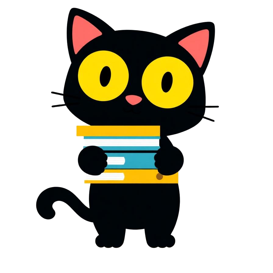 Gatinho preto mascote segurando uma pilha de livros coloridos