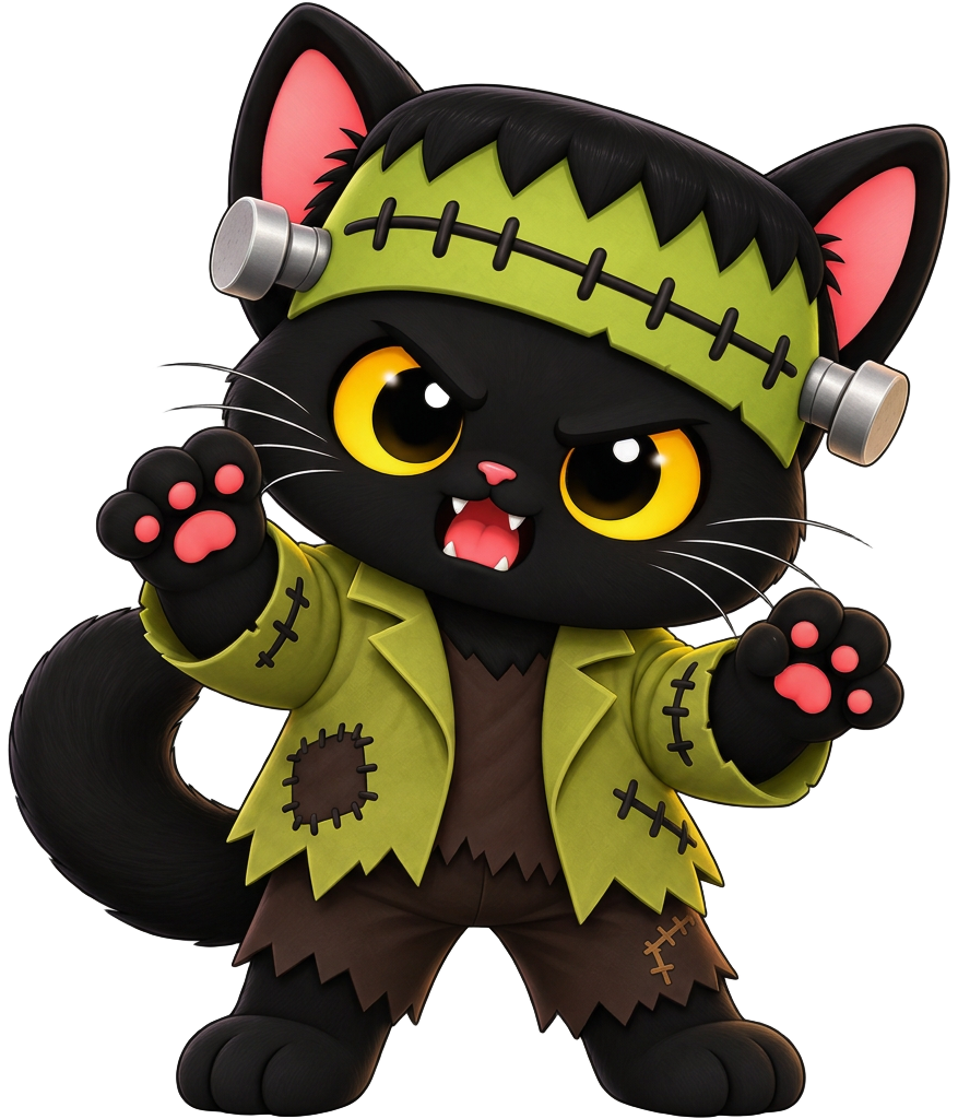Gatinho preto fantasiado de monstro Frankenstein